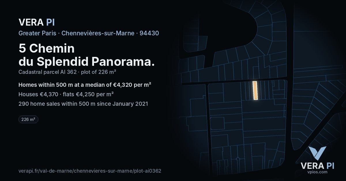 5 Chemin du Splendid Panorama, Chennevières-sur-Marne at night – the plot lit, the parcels around coloured by the prices near them