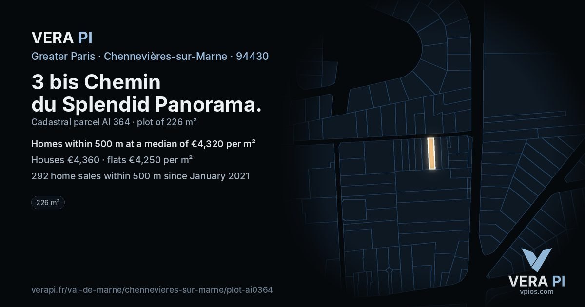 3 bis Chemin du Splendid Panorama, Chennevières-sur-Marne at night – the plot lit, the parcels around coloured by the prices near them
