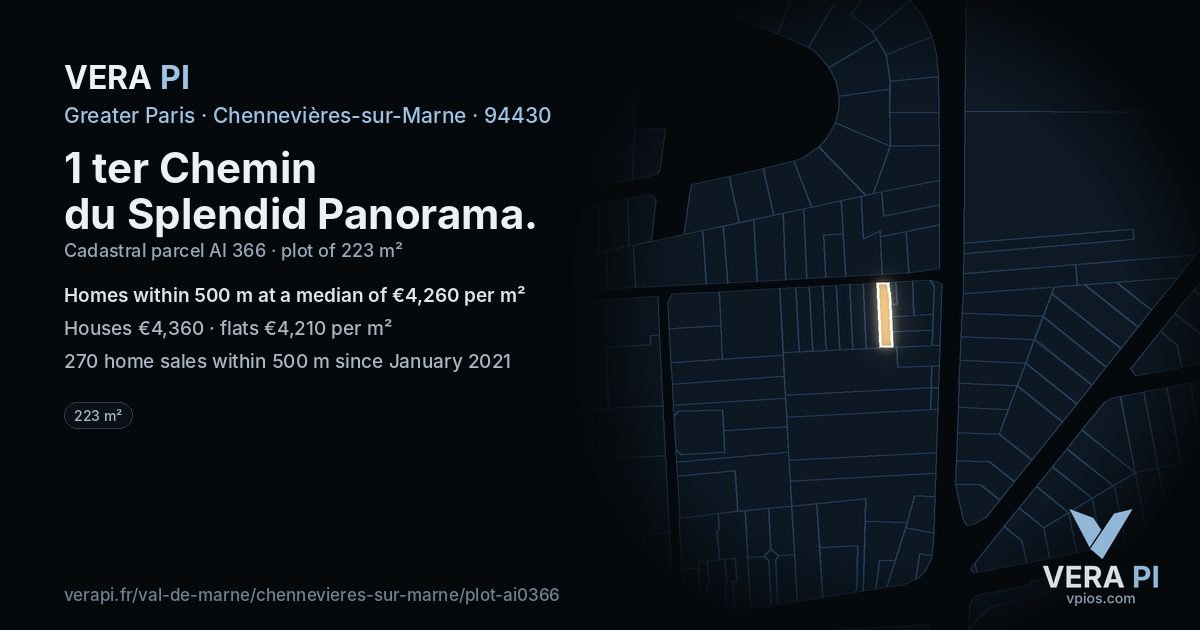 1 ter Chemin du Splendid Panorama, Chennevières-sur-Marne at night – the plot lit, the parcels around coloured by the prices near them
