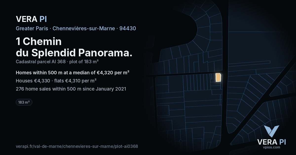 1 Chemin du Splendid Panorama, Chennevières-sur-Marne at night – the plot lit, the parcels around coloured by the prices near them