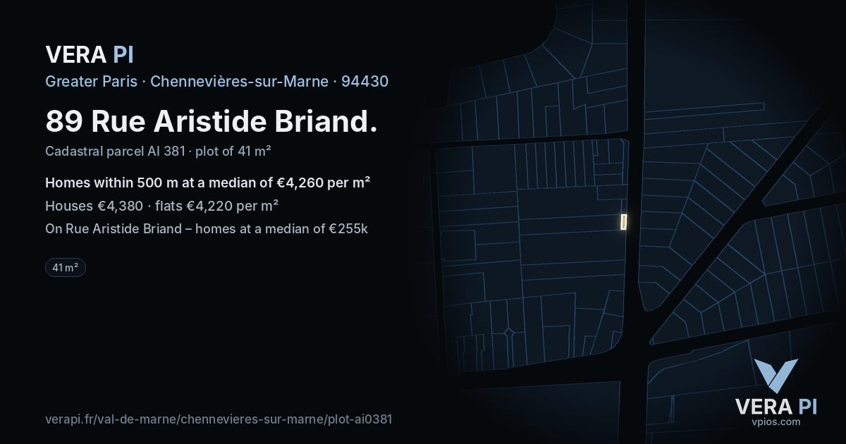 89 Rue Aristide Briand, Chennevières-sur-Marne at night – the plot lit, the parcels around coloured by the prices near them