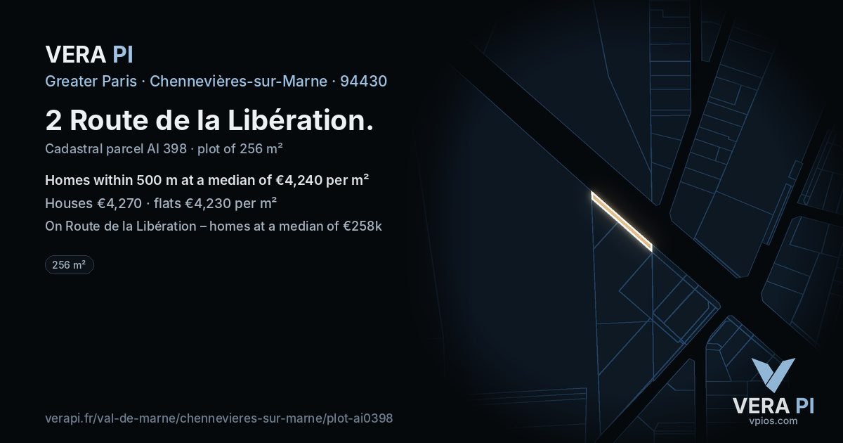 2 Route de la Libération, Chennevières-sur-Marne at night – the plot lit, the parcels around coloured by the prices near them