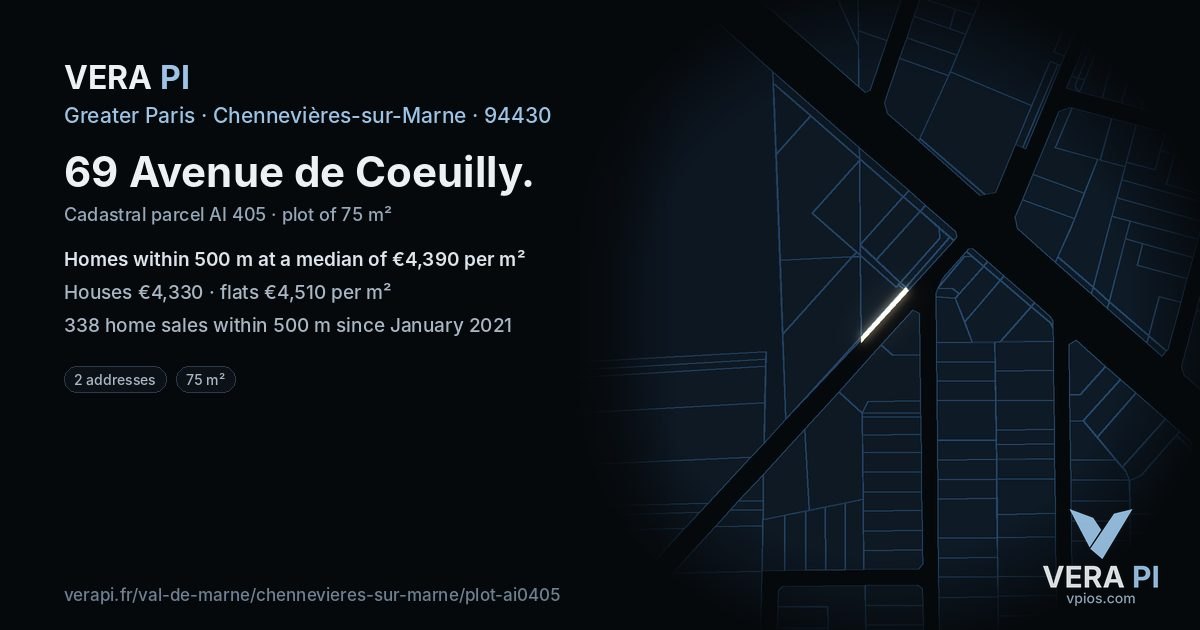 69 Avenue de Coeuilly, Chennevières-sur-Marne at night – the plot lit, the parcels around coloured by the prices near them