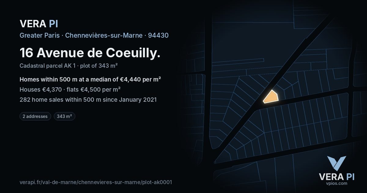 16 Avenue de Coeuilly, Chennevières-sur-Marne at night – the plot lit, the parcels around coloured by the prices near them