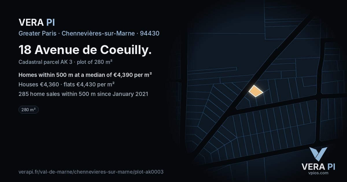 18 Avenue de Coeuilly, Chennevières-sur-Marne at night – the plot lit, the parcels around coloured by the prices near them