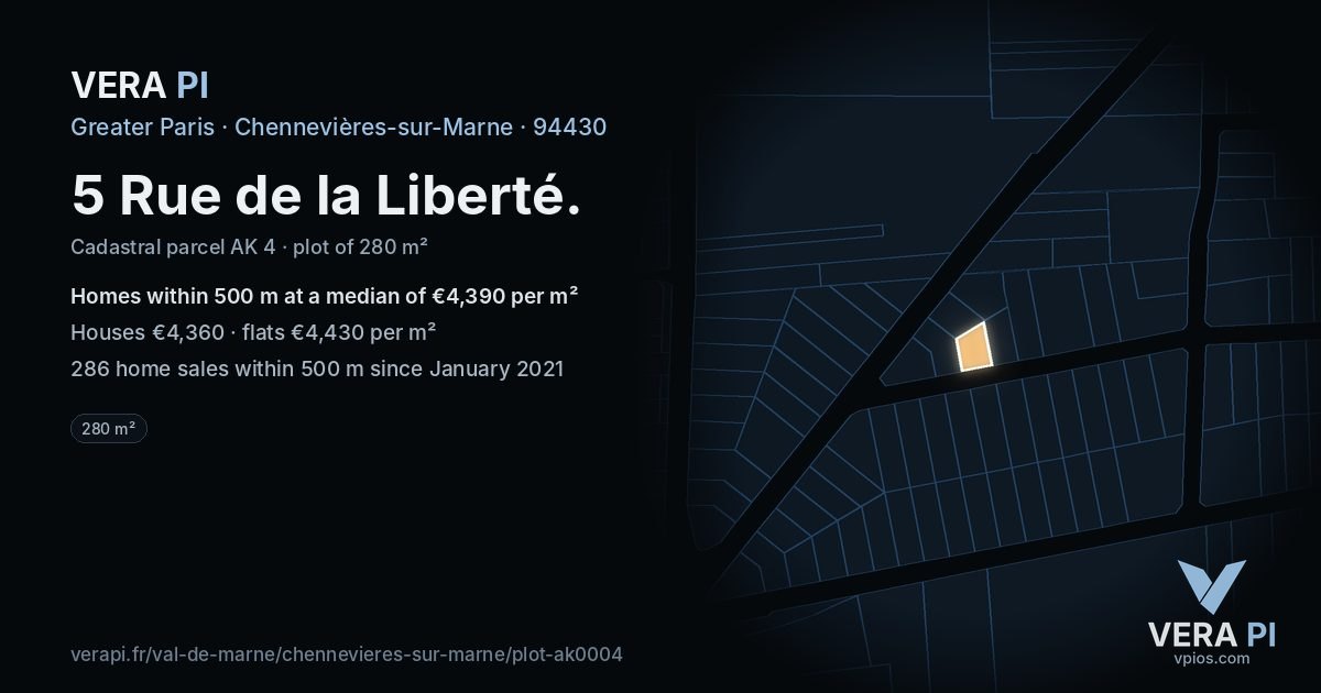 5 Rue de la Liberté, Chennevières-sur-Marne at night – the plot lit, the parcels around coloured by the prices near them