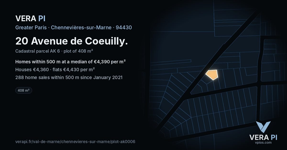 20 Avenue de Coeuilly, Chennevières-sur-Marne at night – the plot lit, the parcels around coloured by the prices near them