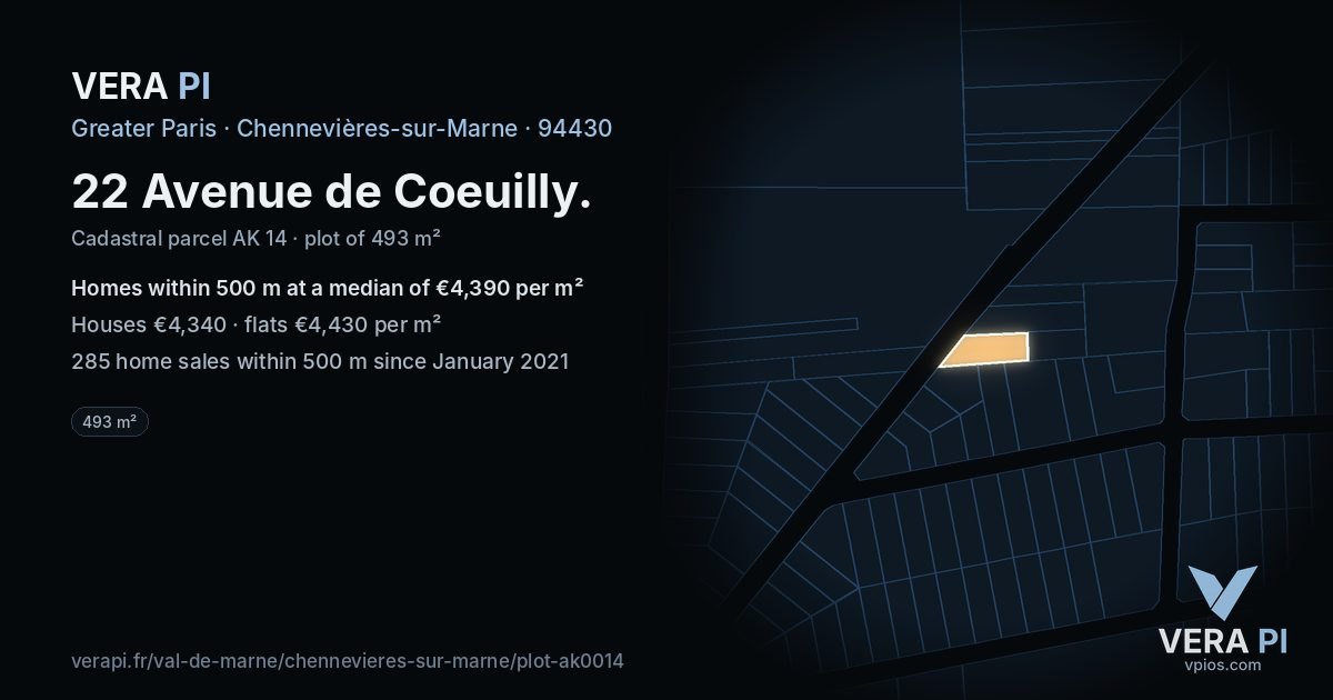 22 Avenue de Coeuilly, Chennevières-sur-Marne at night – the plot lit, the parcels around coloured by the prices near them