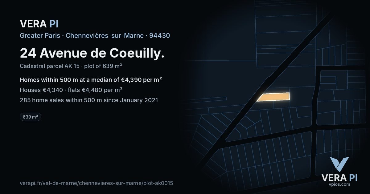 24 Avenue de Coeuilly, Chennevières-sur-Marne at night – the plot lit, the parcels around coloured by the prices near them