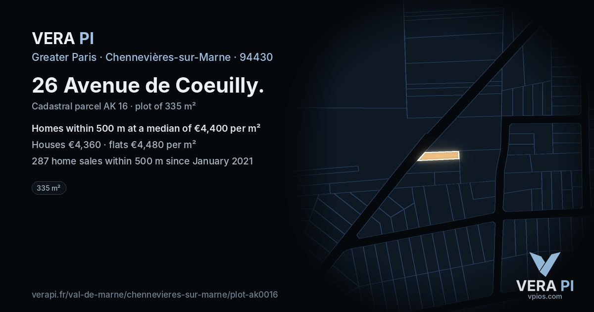 26 Avenue de Coeuilly, Chennevières-sur-Marne at night – the plot lit, the parcels around coloured by the prices near them