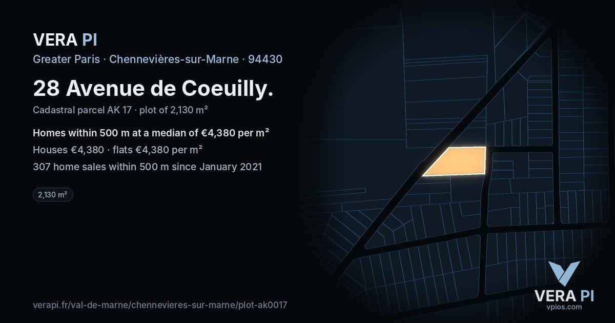 28 Avenue de Coeuilly, Chennevières-sur-Marne at night – the plot lit, the parcels around coloured by the prices near them