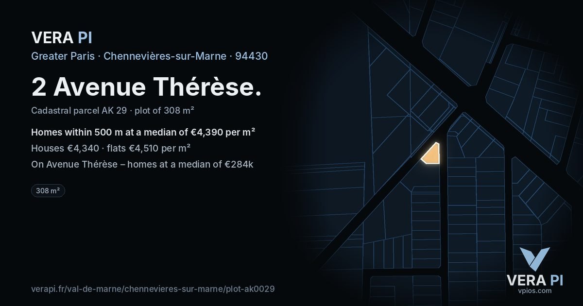 2 Avenue Thérèse, Chennevières-sur-Marne at night – the plot lit, the parcels around coloured by the prices near them