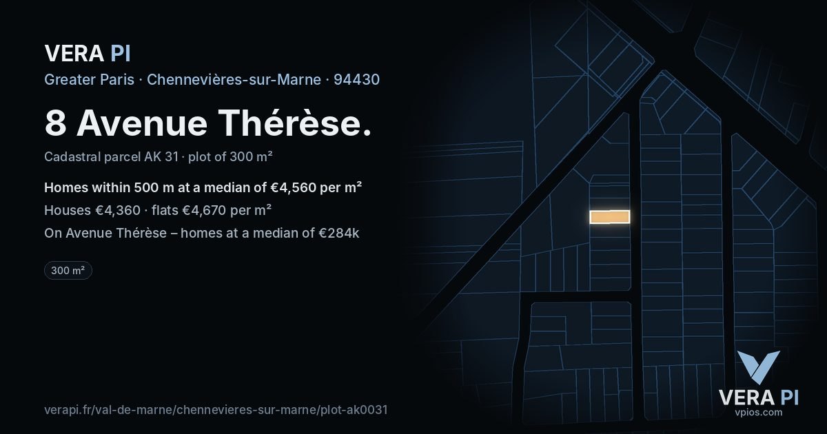 8 Avenue Thérèse, Chennevières-sur-Marne at night – the plot lit, the parcels around coloured by the prices near them