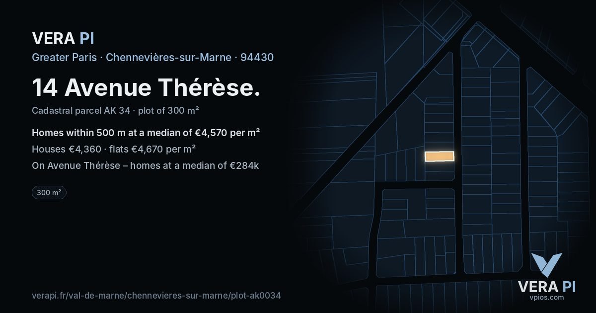14 Avenue Thérèse, Chennevières-sur-Marne at night – the plot lit, the parcels around coloured by the prices near them