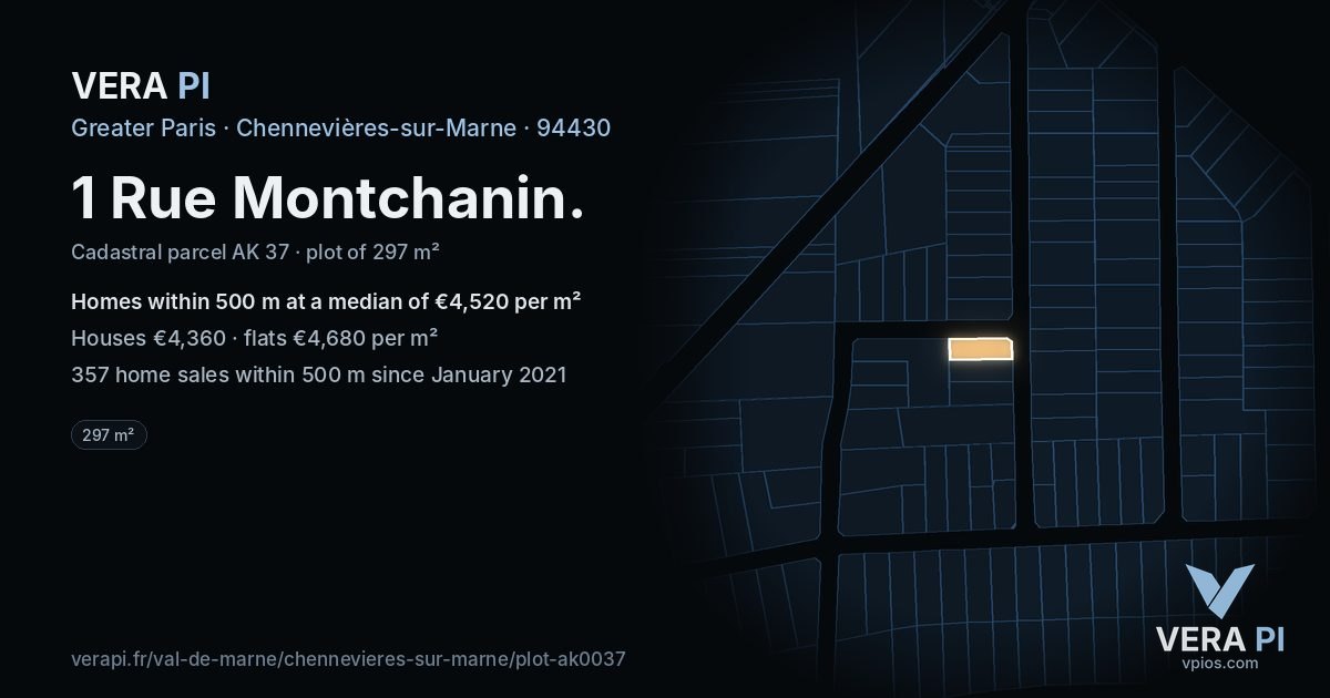 1 Rue Montchanin, Chennevières-sur-Marne at night – the plot lit, the parcels around coloured by the prices near them