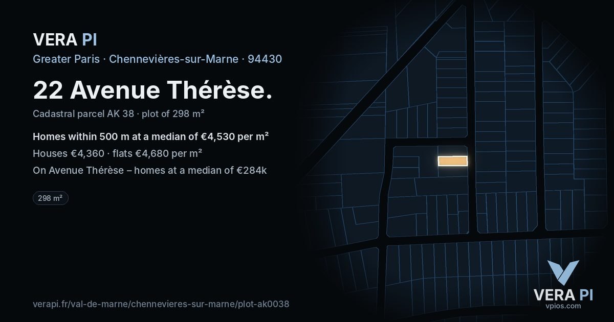 22 Avenue Thérèse, Chennevières-sur-Marne at night – the plot lit, the parcels around coloured by the prices near them