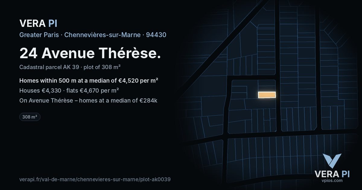 24 Avenue Thérèse, Chennevières-sur-Marne at night – the plot lit, the parcels around coloured by the prices near them