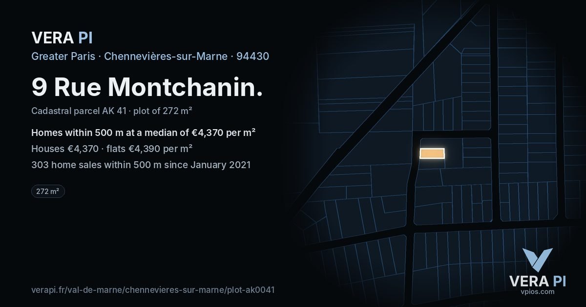 9 Rue Montchanin, Chennevières-sur-Marne at night – the plot lit, the parcels around coloured by the prices near them