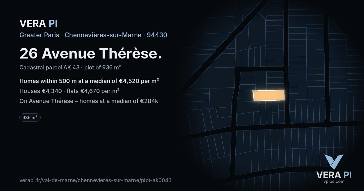 26 Avenue Thérèse, Chennevières-sur-Marne at night – the plot lit, the parcels around coloured by the prices near them