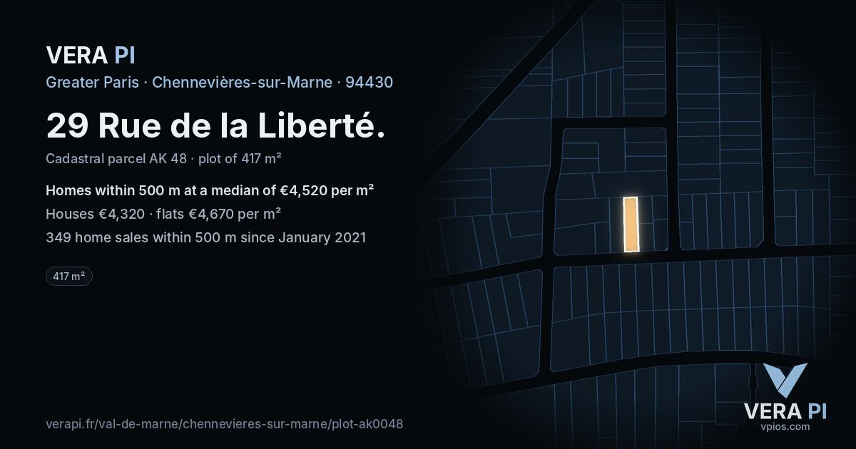 29 Rue de la Liberté, Chennevières-sur-Marne at night – the plot lit, the parcels around coloured by the prices near them