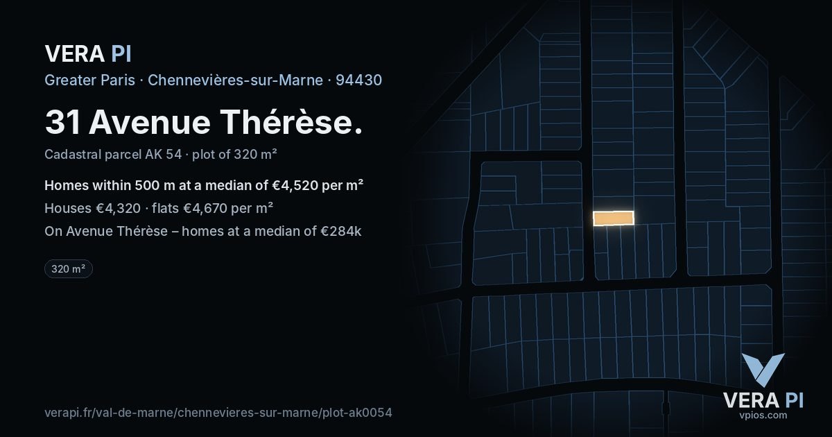 31 Avenue Thérèse, Chennevières-sur-Marne at night – the plot lit, the parcels around coloured by the prices near them