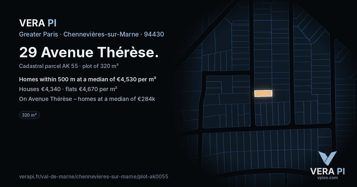 29 Avenue Thérèse, Chennevières-sur-Marne at night – the plot lit, the parcels around coloured by the prices near them