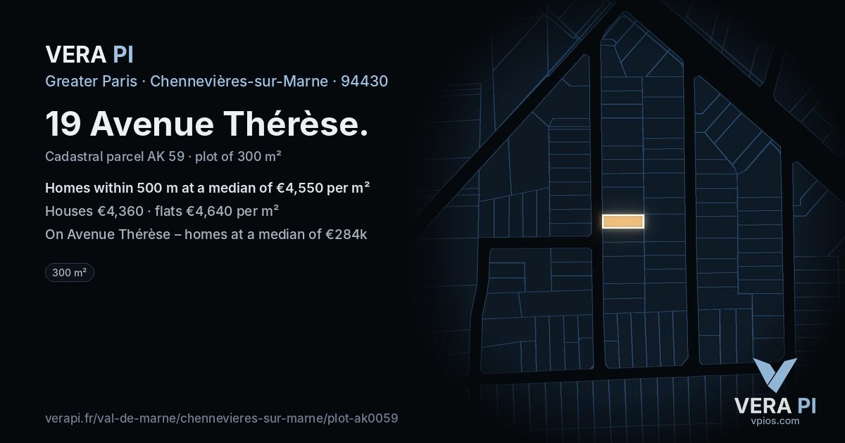 19 Avenue Thérèse, Chennevières-sur-Marne at night – the plot lit, the parcels around coloured by the prices near them