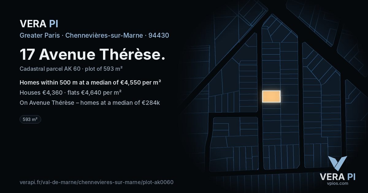 17 Avenue Thérèse, Chennevières-sur-Marne at night – the plot lit, the parcels around coloured by the prices near them
