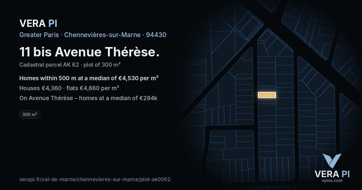 11 bis Avenue Thérèse, Chennevières-sur-Marne at night – the plot lit, the parcels around coloured by the prices near them