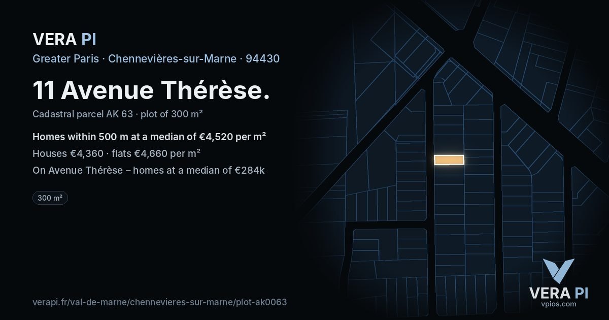 11 Avenue Thérèse, Chennevières-sur-Marne at night – the plot lit, the parcels around coloured by the prices near them