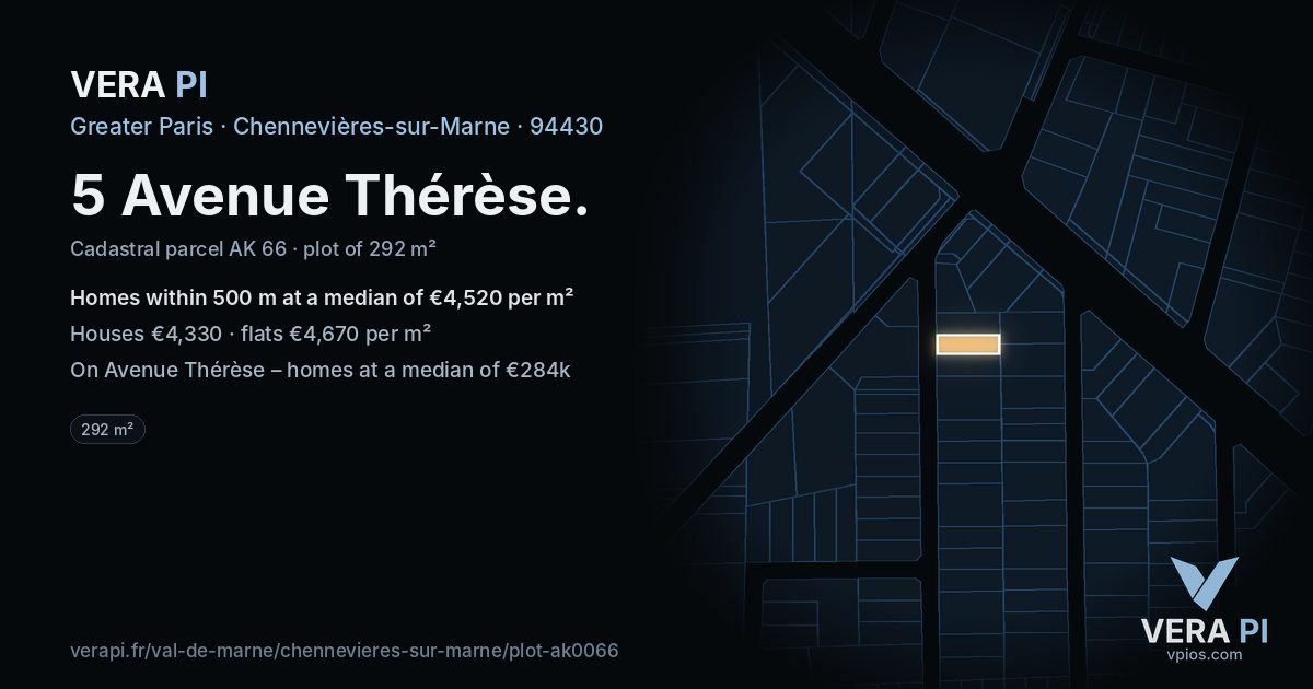 5 Avenue Thérèse, Chennevières-sur-Marne at night – the plot lit, the parcels around coloured by the prices near them