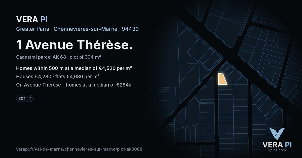 1 Avenue Thérèse, Chennevières-sur-Marne at night – the plot lit, the parcels around coloured by the prices near them