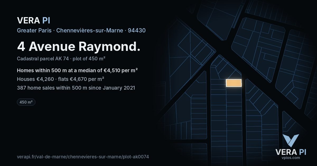 4 Avenue Raymond, Chennevières-sur-Marne at night – the plot lit, the parcels around coloured by the prices near them