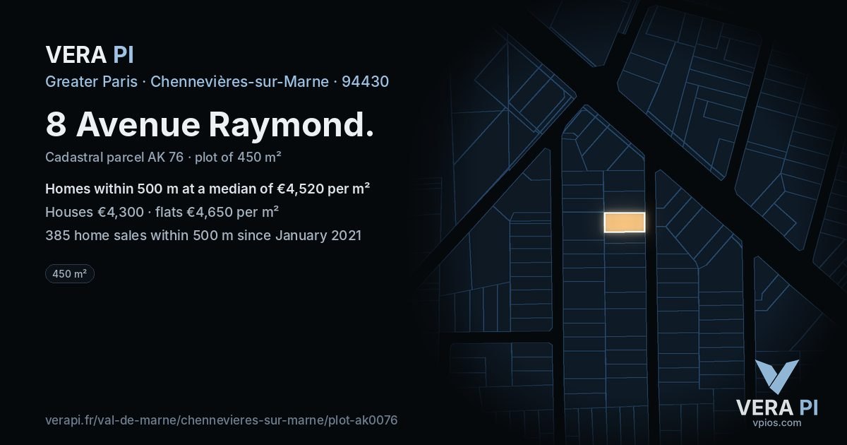 8 Avenue Raymond, Chennevières-sur-Marne at night – the plot lit, the parcels around coloured by the prices near them