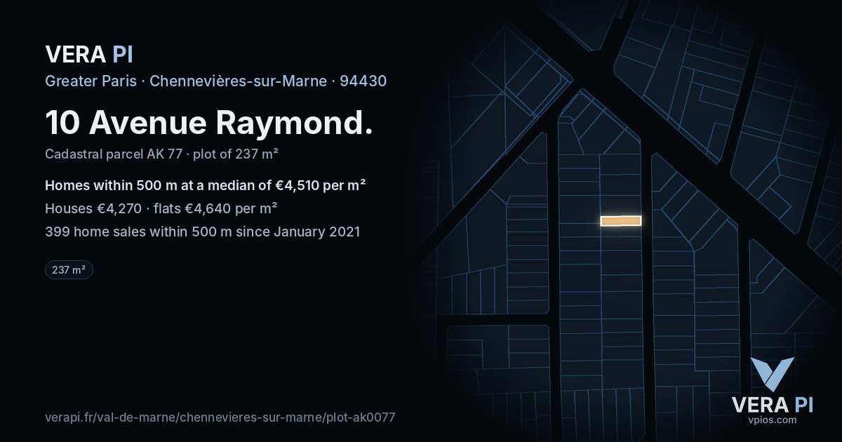 10 Avenue Raymond, Chennevières-sur-Marne at night – the plot lit, the parcels around coloured by the prices near them