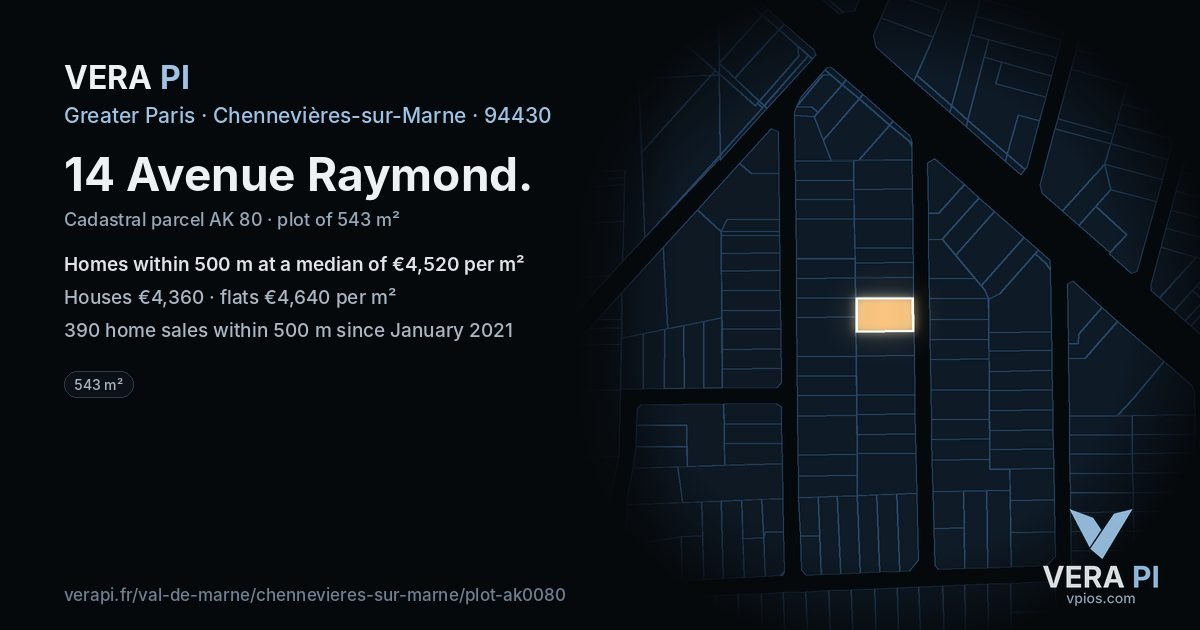 14 Avenue Raymond, Chennevières-sur-Marne at night – the plot lit, the parcels around coloured by the prices near them