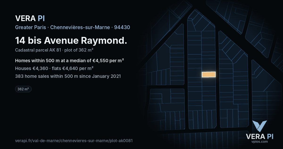 14 bis Avenue Raymond, Chennevières-sur-Marne at night – the plot lit, the parcels around coloured by the prices near them
