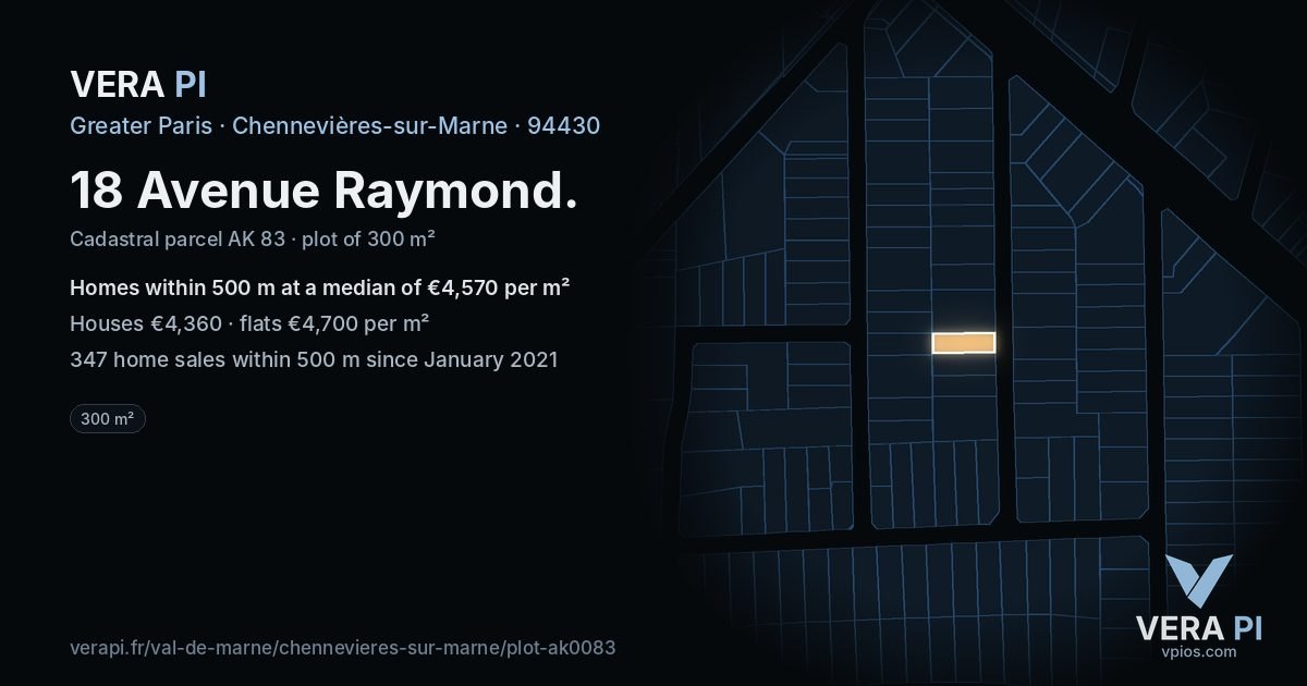 18 Avenue Raymond, Chennevières-sur-Marne at night – the plot lit, the parcels around coloured by the prices near them