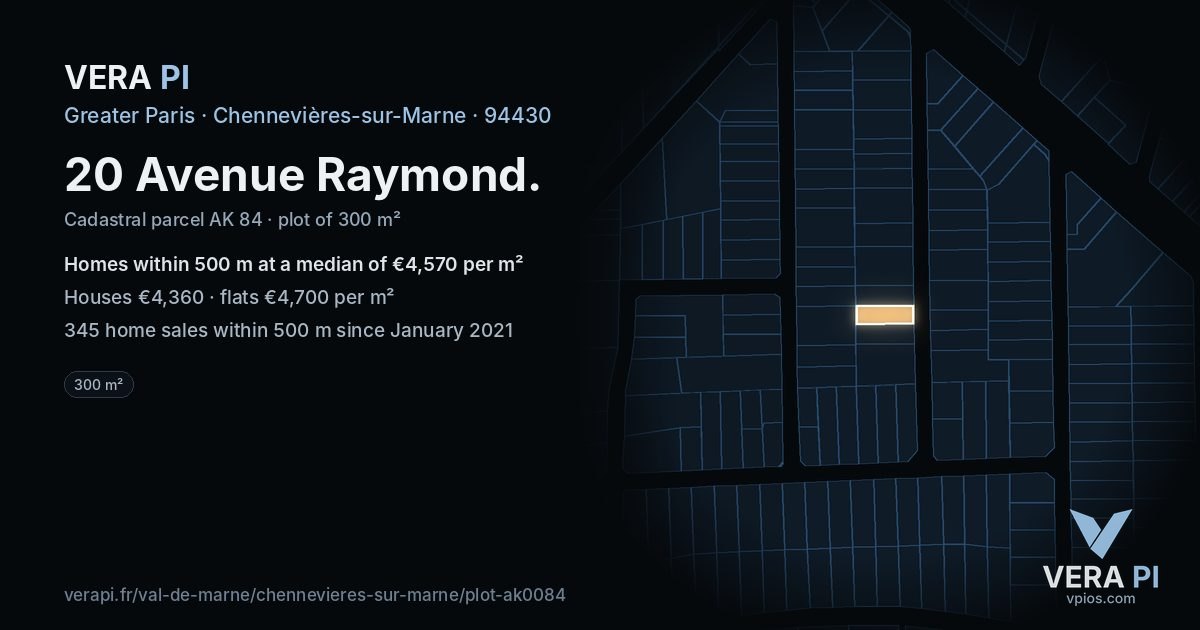 20 Avenue Raymond, Chennevières-sur-Marne at night – the plot lit, the parcels around coloured by the prices near them