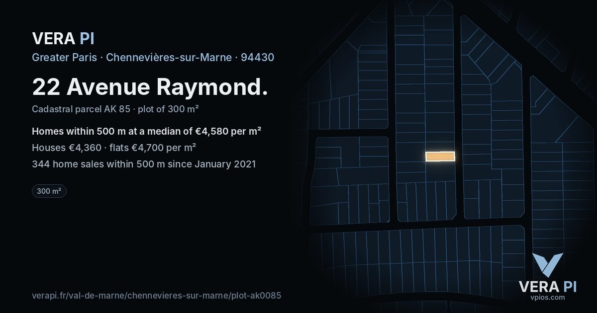 22 Avenue Raymond, Chennevières-sur-Marne at night – the plot lit, the parcels around coloured by the prices near them