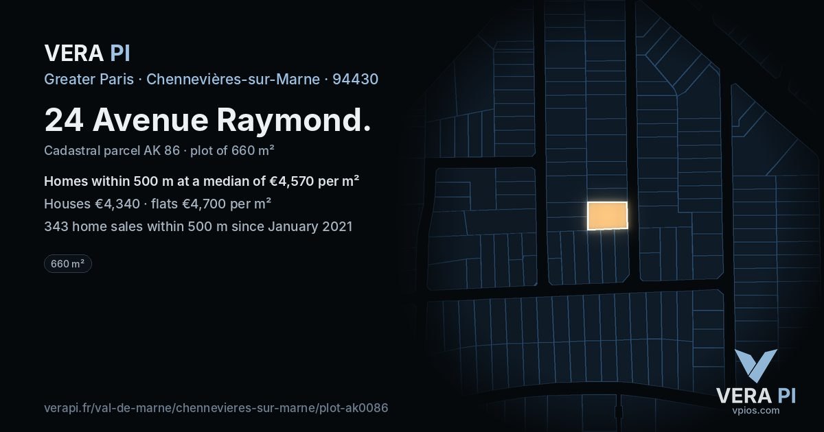 24 Avenue Raymond, Chennevières-sur-Marne at night – the plot lit, the parcels around coloured by the prices near them
