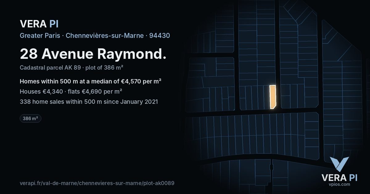 28 Avenue Raymond, Chennevières-sur-Marne at night – the plot lit, the parcels around coloured by the prices near them
