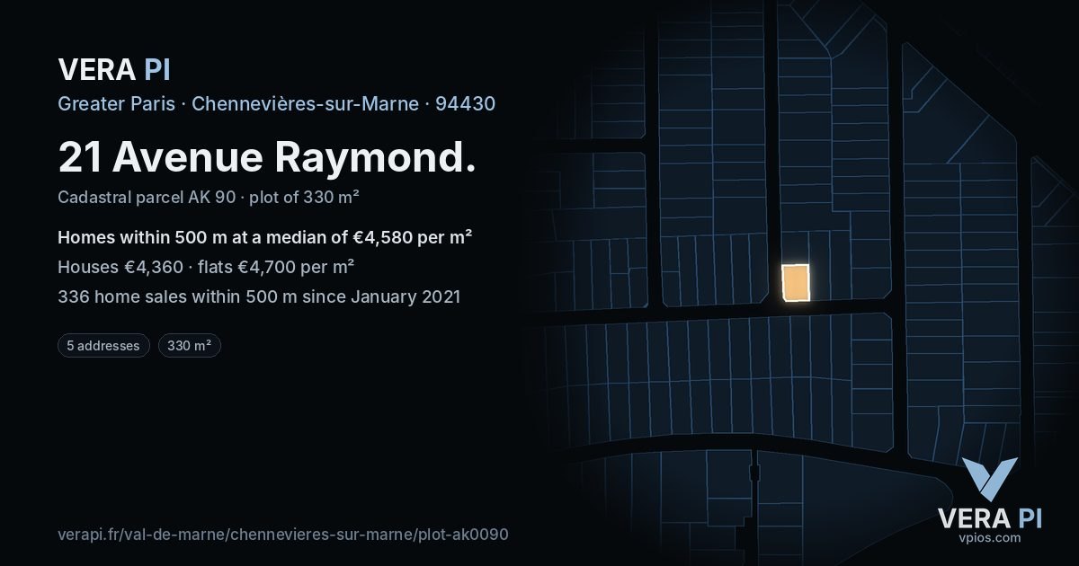 21 Avenue Raymond, Chennevières-sur-Marne at night – the plot lit, the parcels around coloured by the prices near them