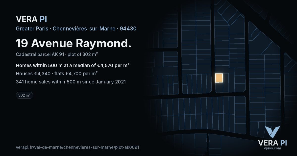 19 Avenue Raymond, Chennevières-sur-Marne at night – the plot lit, the parcels around coloured by the prices near them