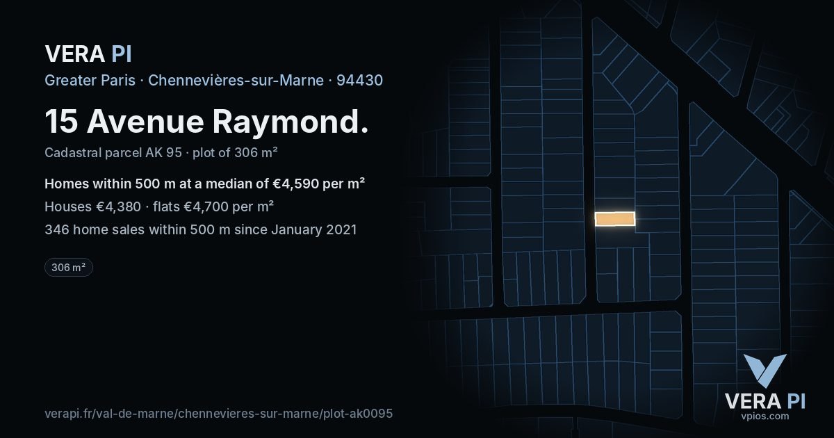 15 Avenue Raymond, Chennevières-sur-Marne at night – the plot lit, the parcels around coloured by the prices near them