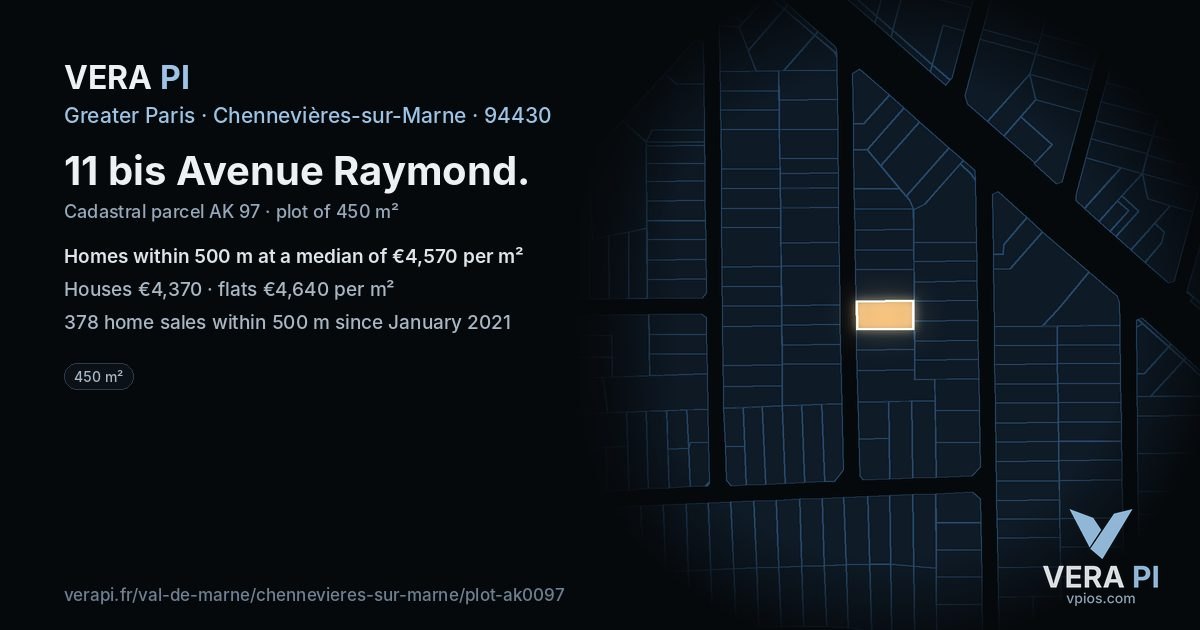 11 bis Avenue Raymond, Chennevières-sur-Marne at night – the plot lit, the parcels around coloured by the prices near them