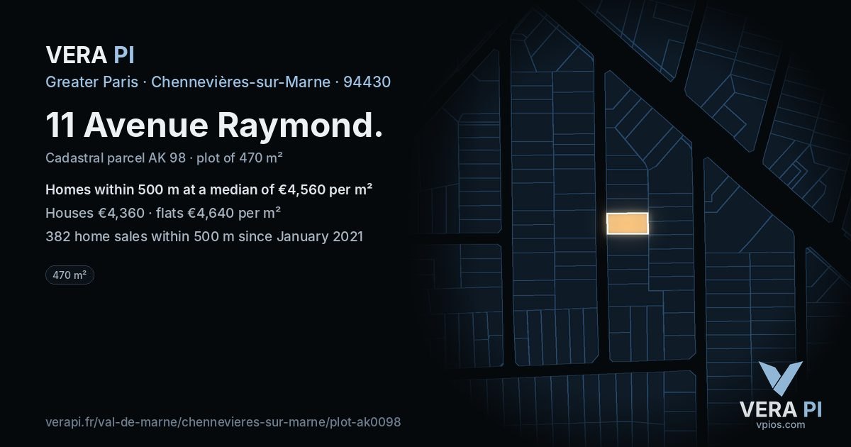 11 Avenue Raymond, Chennevières-sur-Marne at night – the plot lit, the parcels around coloured by the prices near them