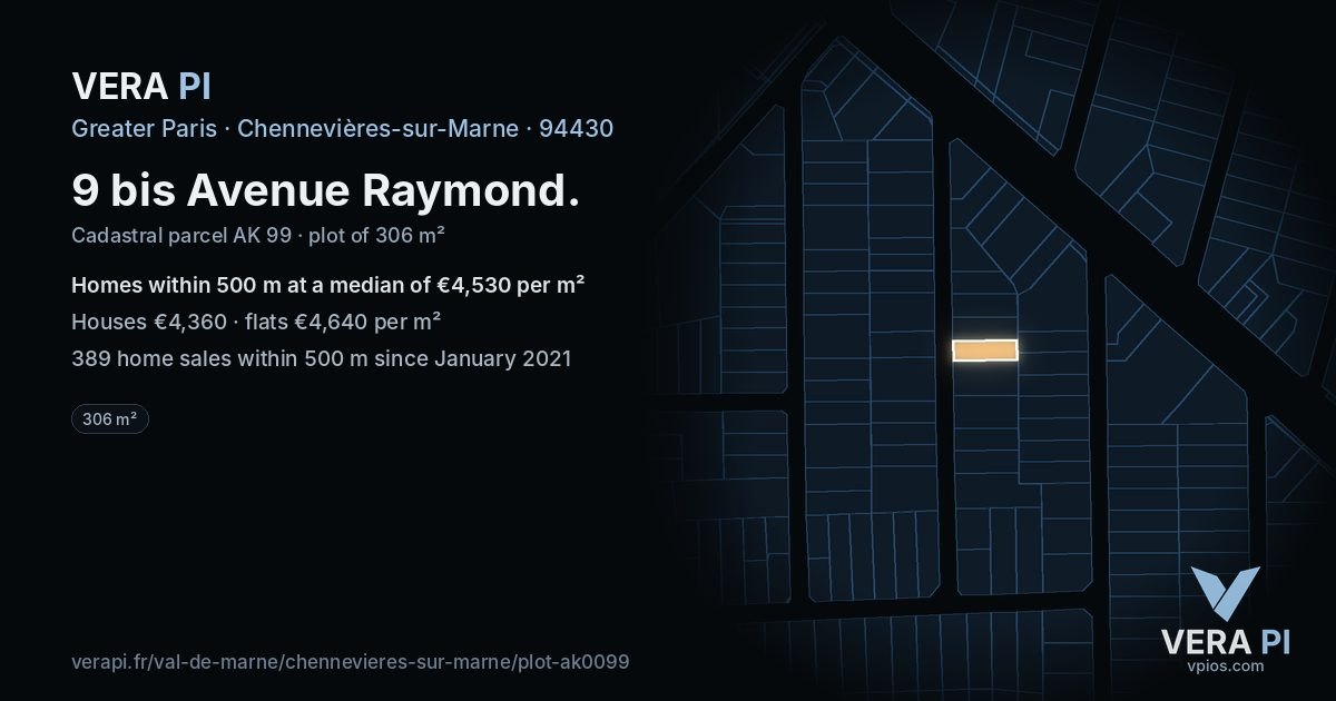 9 bis Avenue Raymond, Chennevières-sur-Marne at night – the plot lit, the parcels around coloured by the prices near them
