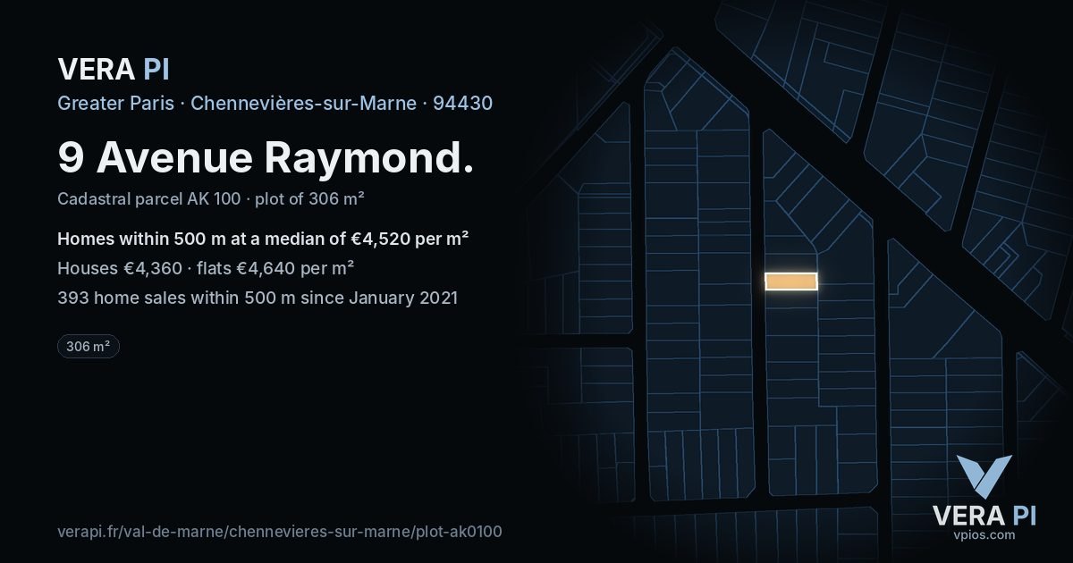 9 Avenue Raymond, Chennevières-sur-Marne at night – the plot lit, the parcels around coloured by the prices near them