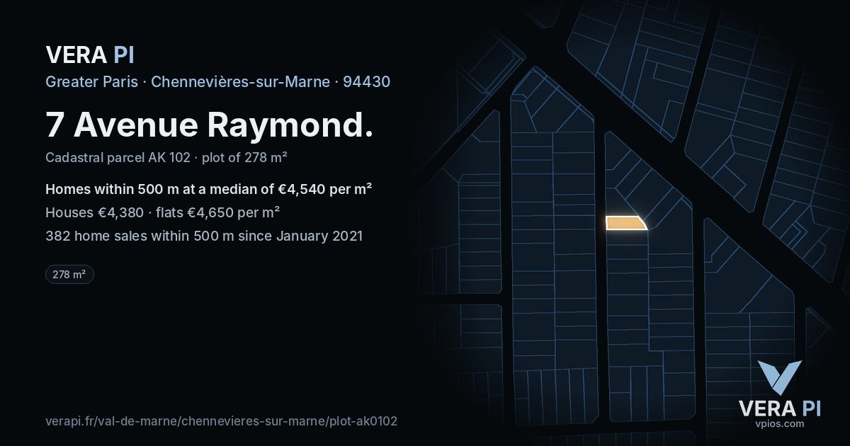 7 Avenue Raymond, Chennevières-sur-Marne at night – the plot lit, the parcels around coloured by the prices near them